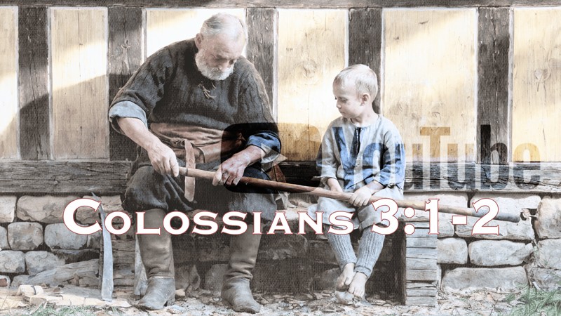 Sacred artwork by Faith and Verse. © Faith and Verse, 2025. All rights reserved. An elderly man teaching a young boy to assemble a scythe outside a timbered medieval home, sunlight falling across the bench in a scene of humble Christian instruction.