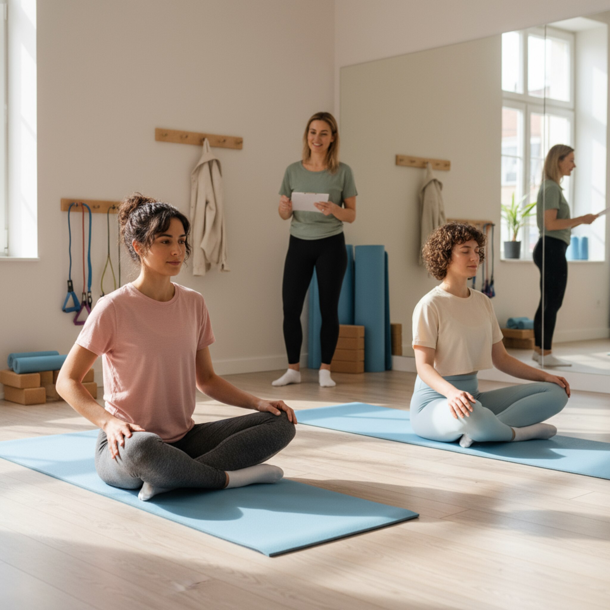 Kurz vor Kursbeginn sitzen zwei Teilnehmerinnen ruhig auf der Matte, eine weitere hängt ihre Jacke an einen schlichten Haken und nimmt Platz. Die Trainerin zählt unaufgeregt die anwesenden Personen ab. Der Raum wirkt geordnet, hell und konzentriert. Alles deutet auf einen pünktlichen, vollständigen Start hin.