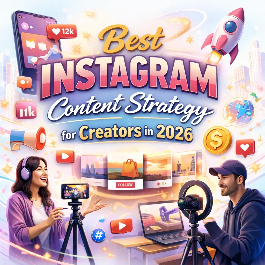 Illustration showing “Best Instagram Content Strategy for Creators in 2026” on a light background, featuring two content creators filming with smartphones and cameras, surrounded by social media icons, engagement metrics, monetization symbols, and content cards, representing focused Instagram growth and scalable creator income.