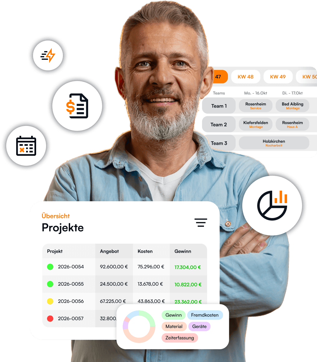 Geschäftsführer einer Handwerksbetriebs mit Screenshots einer Handwerkersoftware