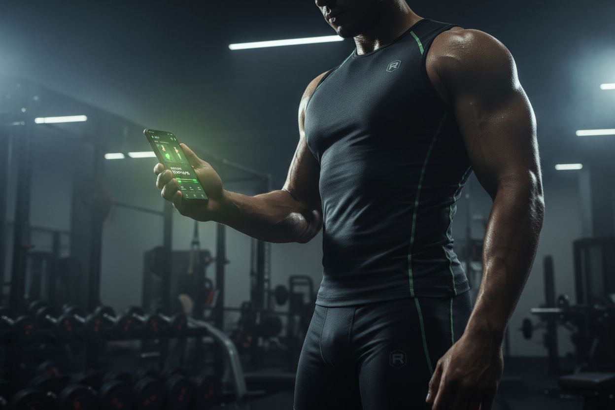 Person using a fitness app on a smartphone at the gym