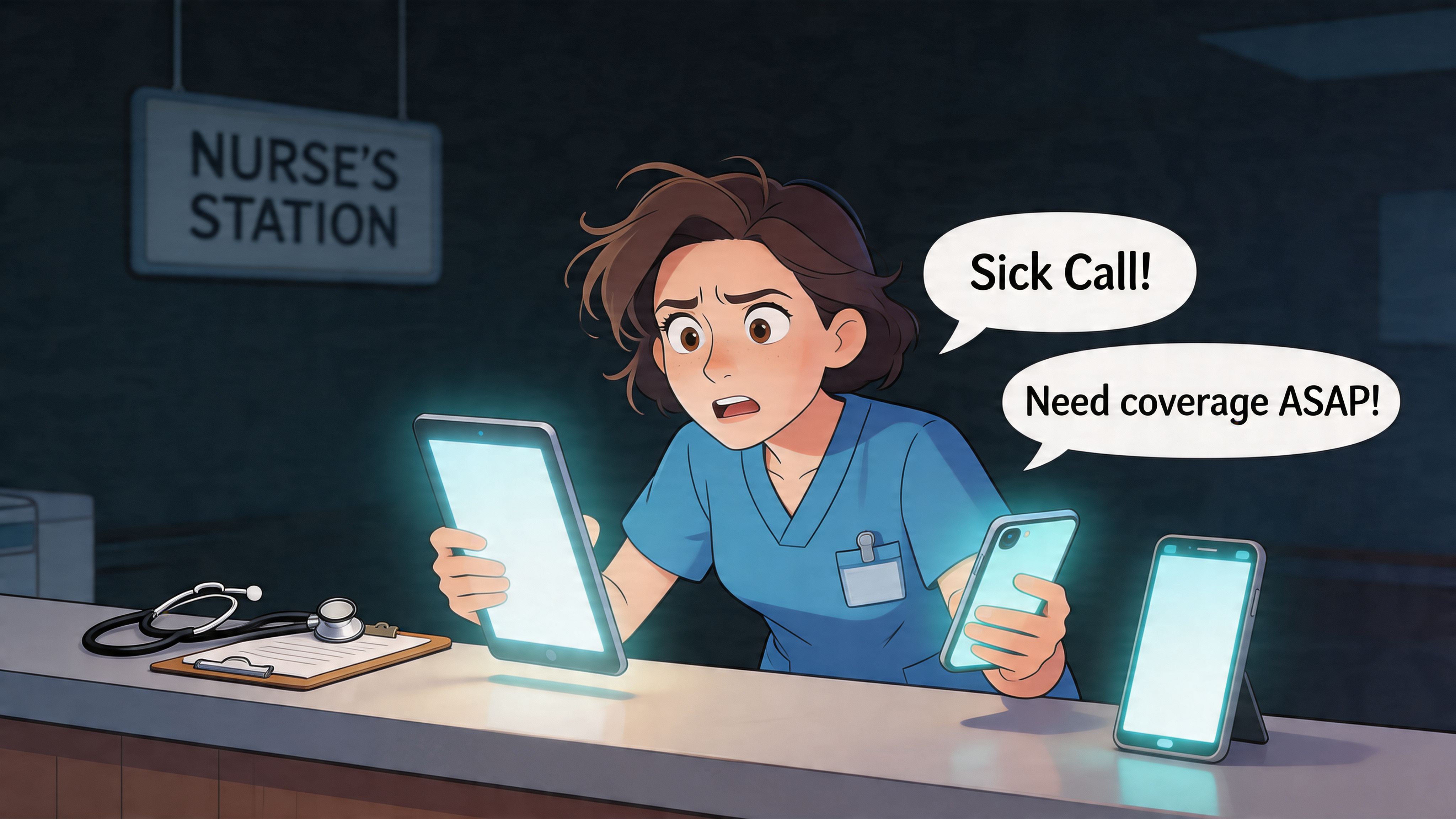 A stressed nurse managing multiple devices while dealing with an urgent scheduling request at a station.
