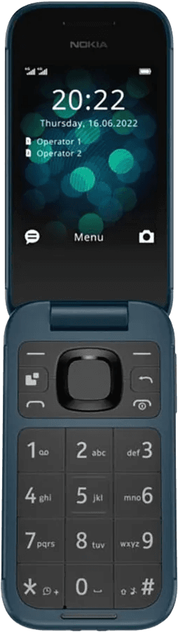 Nokia 2660 Flip dumb phone in blue, shown open with a color screen and large numbered keypad.