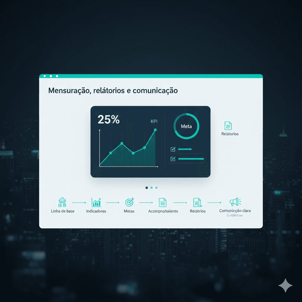 Um painel digital de alta tecnologia exibindo gráficos e métricas de desempenho ESG em tempo real. Mensuração, relatórios e comunicação.