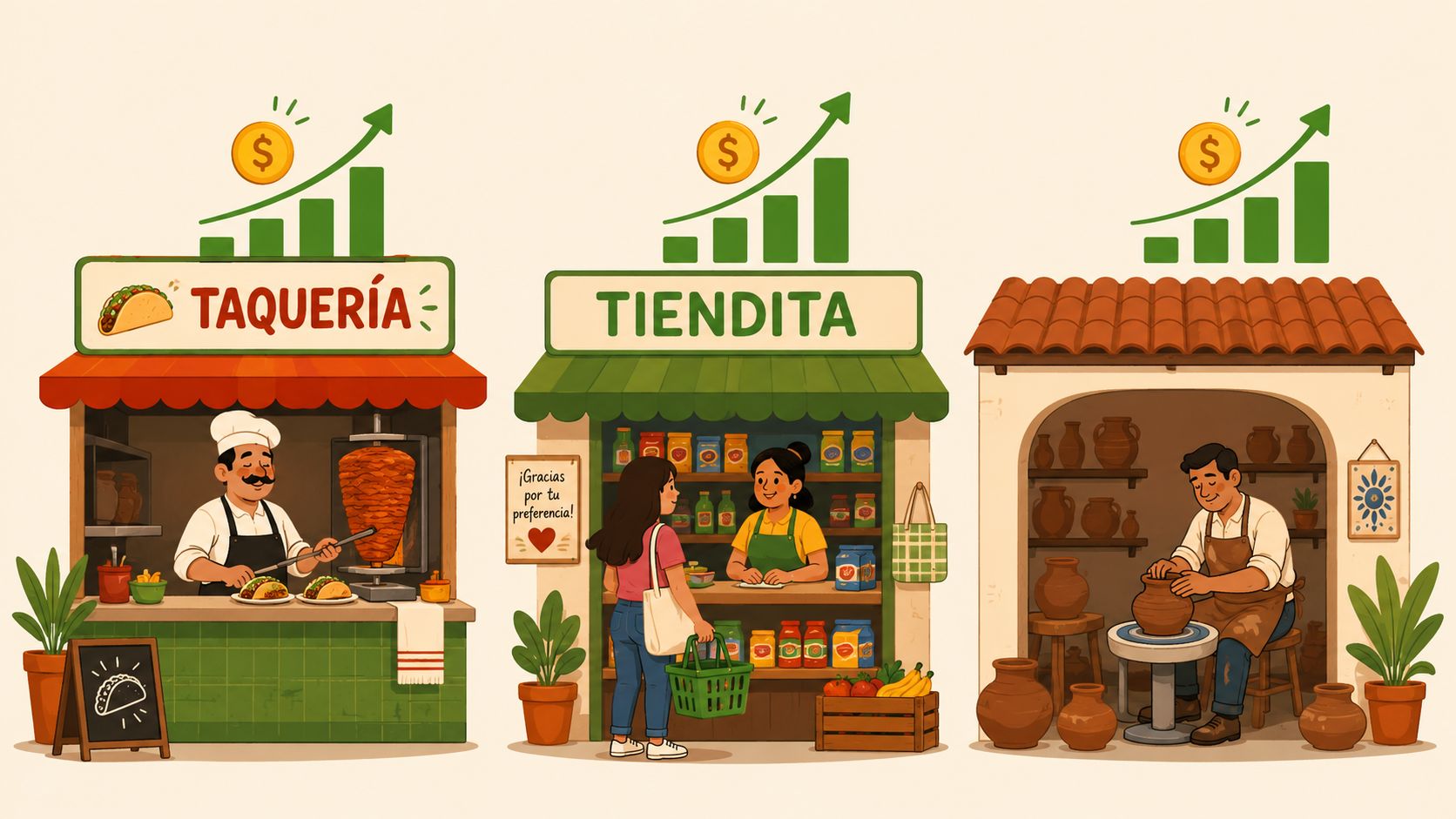 Tres pequeños negocios locales, una taquería, una tienda y un taller de alfarería, con gráficos de crecimiento financiero.
