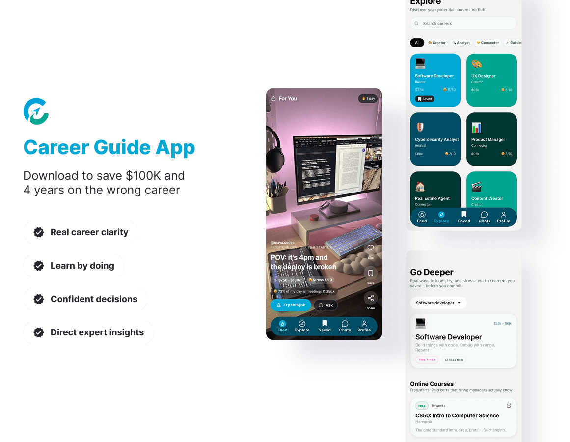 Three high-fidelity mobile application screens demonstrating the Career Guide app interface. The left screen shows a TikTok-style 'For You' video feed featuring an engineering video captioned 'POV: it's 4pm and the deploy is broken.' The right screens showcase a clean 'Explore' dashboard with colorful job category tags like Software Developer, UX Designer, and Cybersecurity Analyst, alongside a 'Go Deeper' section offering a curated 'Intro to Computer Science' course card.