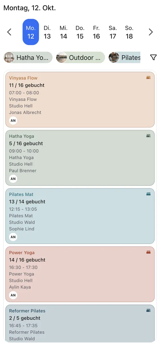 Class schedule on a phone: today's classes with spots left