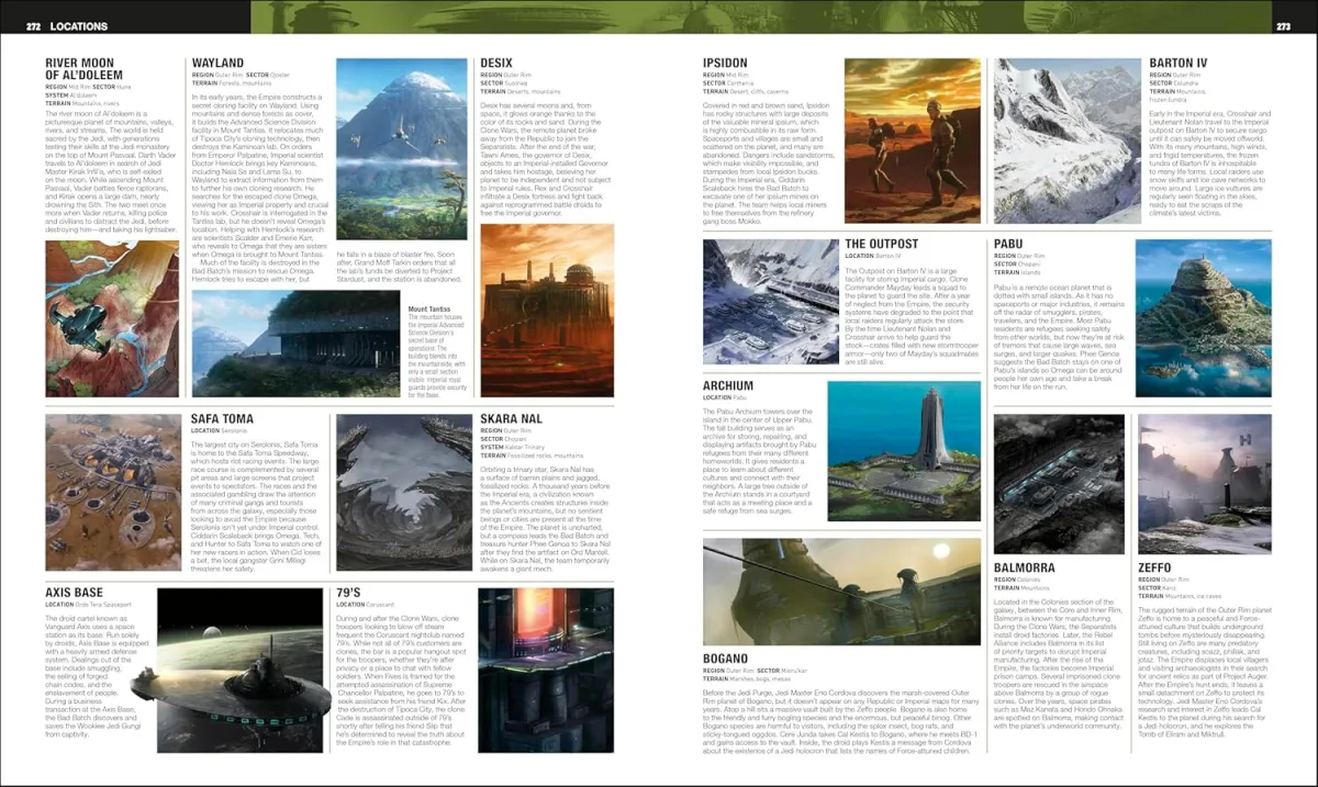 An encyclopedia page featuring multiple planets in the Star Wars galxy like Wayland and Zeffo