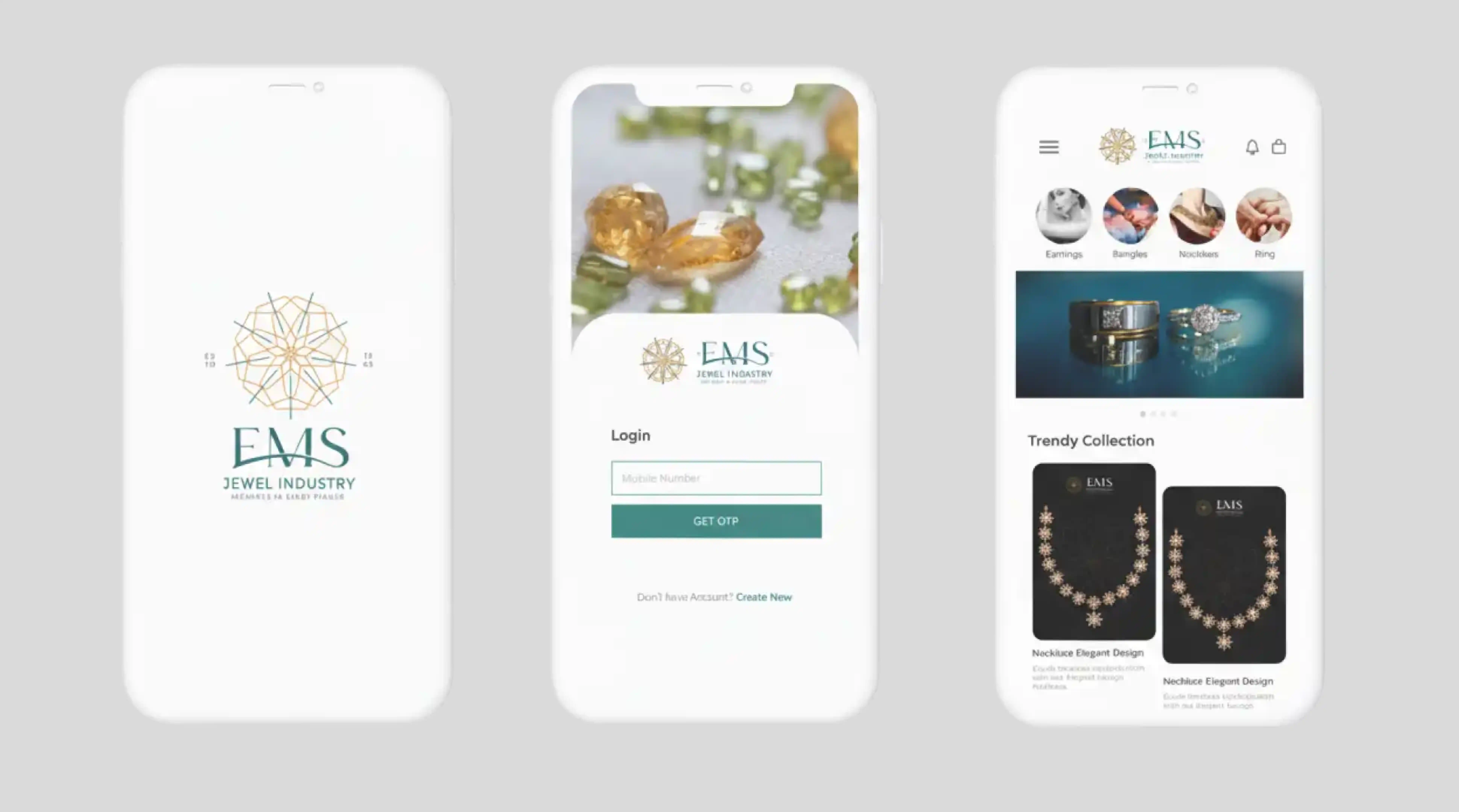 EMS Jewellers mobile app screens for jewellery e-commerce digital branding