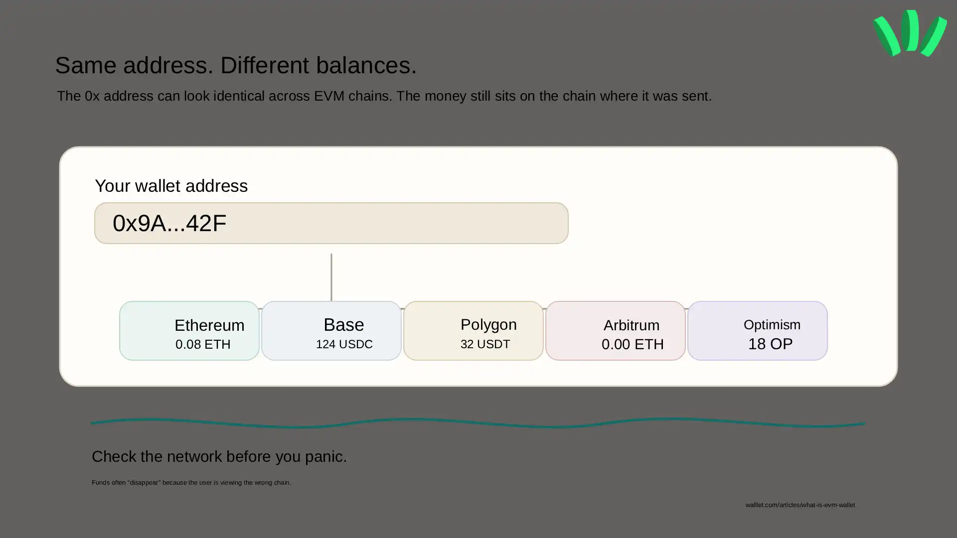 One 0x wallet address shown across Ethereum, Base, Polygon, Arbitrum, and Optimism with different balances on each network.