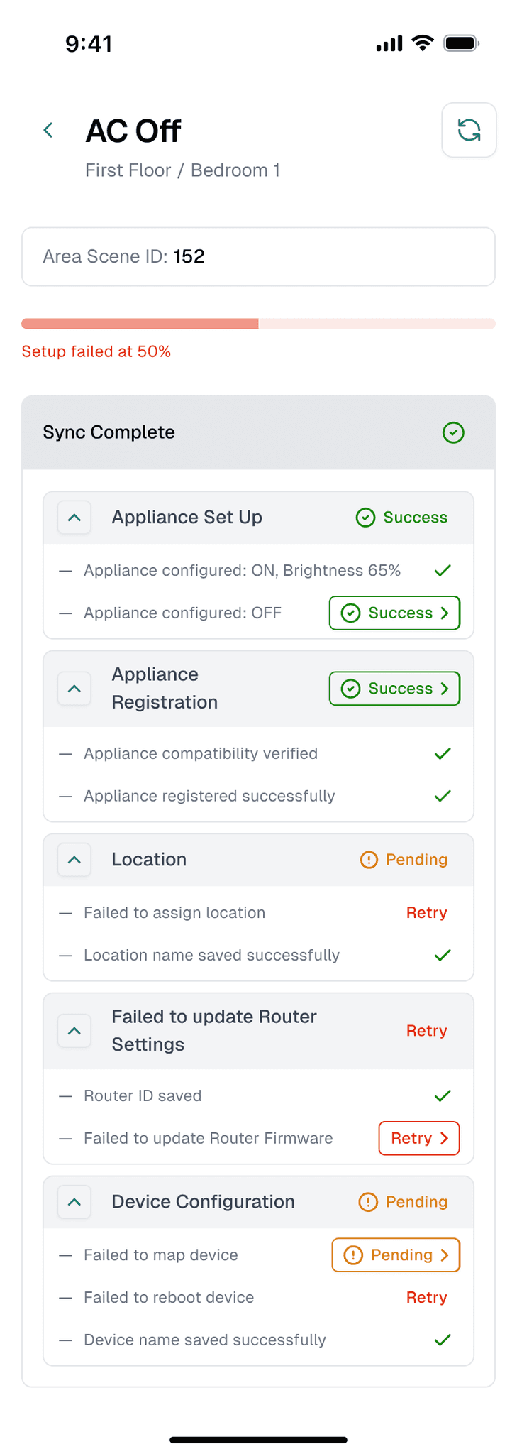 Keus Ops app: scene sync failed partway, with per-step retry