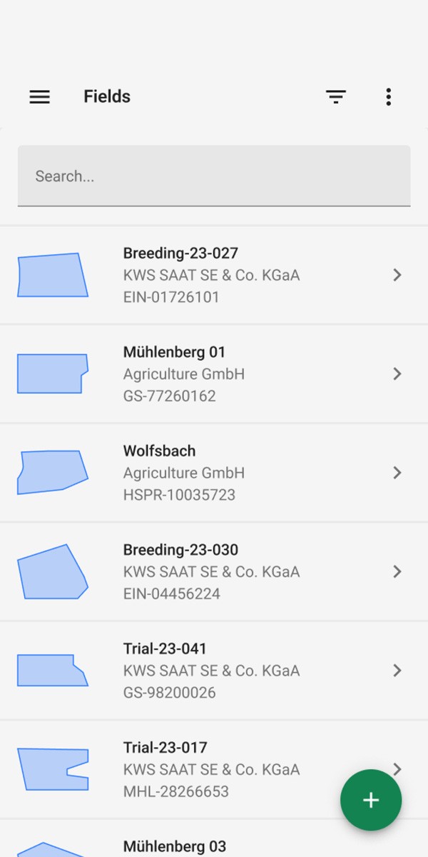 Mockup of the field list page of the KWS Field Explorer mobile app on smartphone