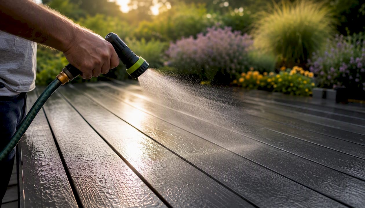 Rinsing aluminum deck surface with water
