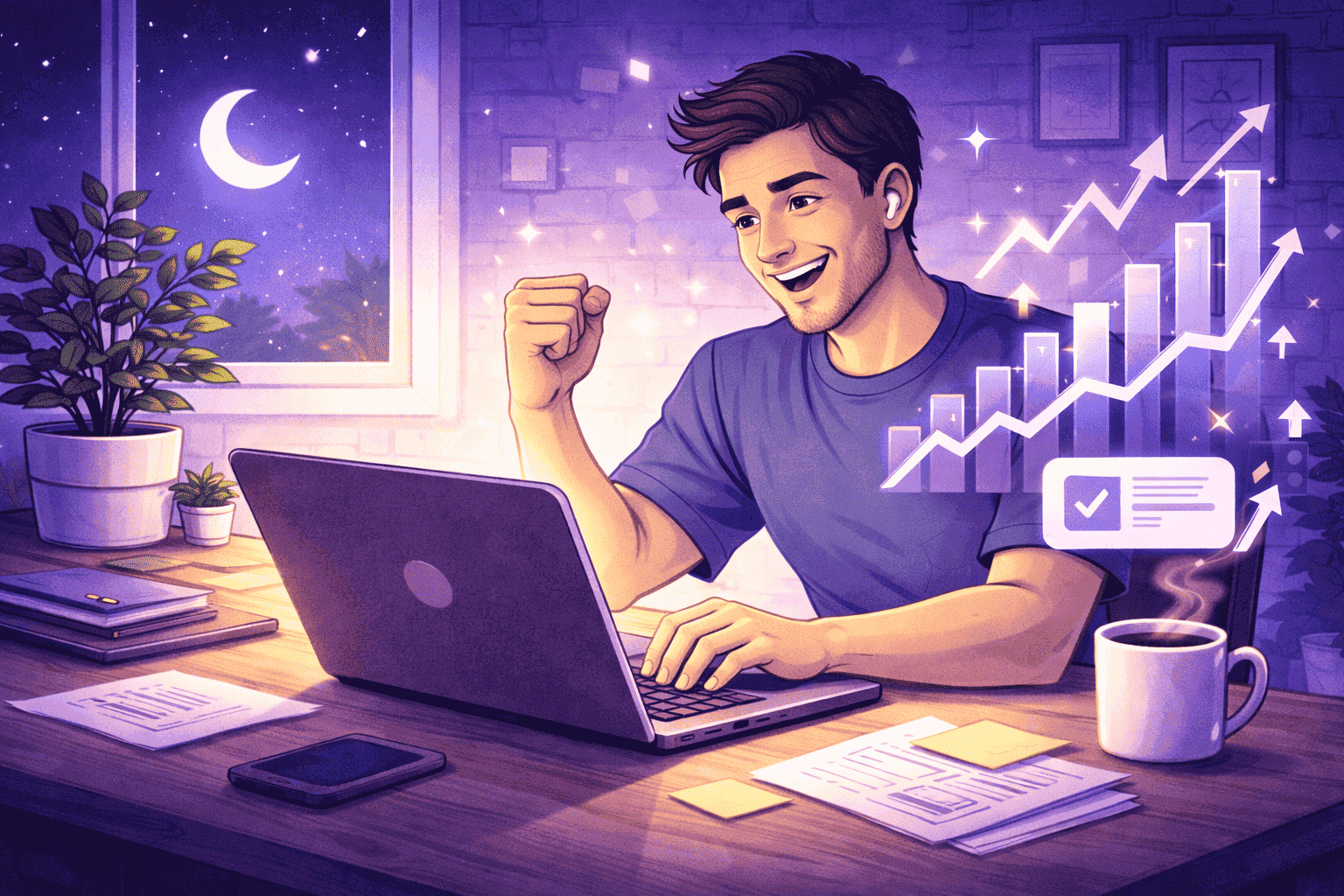 Employee working productively at night with visible performance growth indicators, showing focus, autonomy, and high engagement