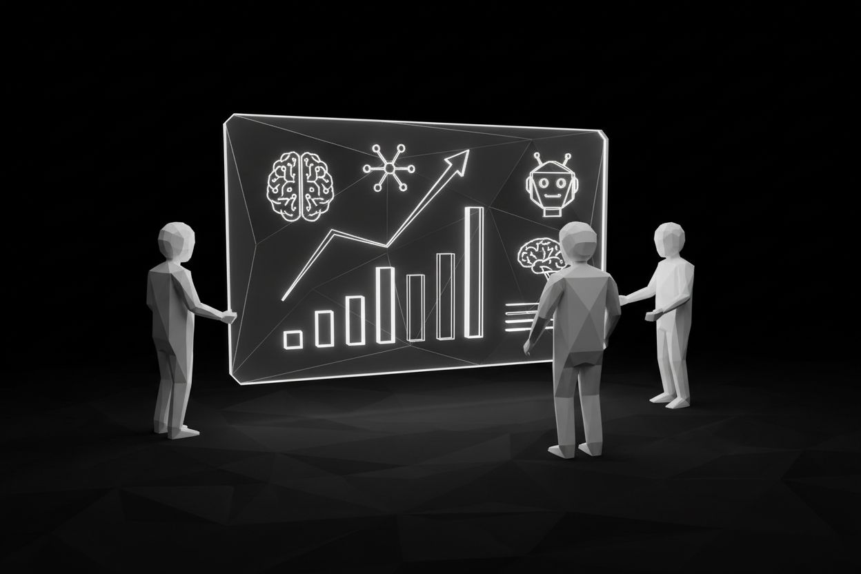 Marketing team collaborating with AI dashboards