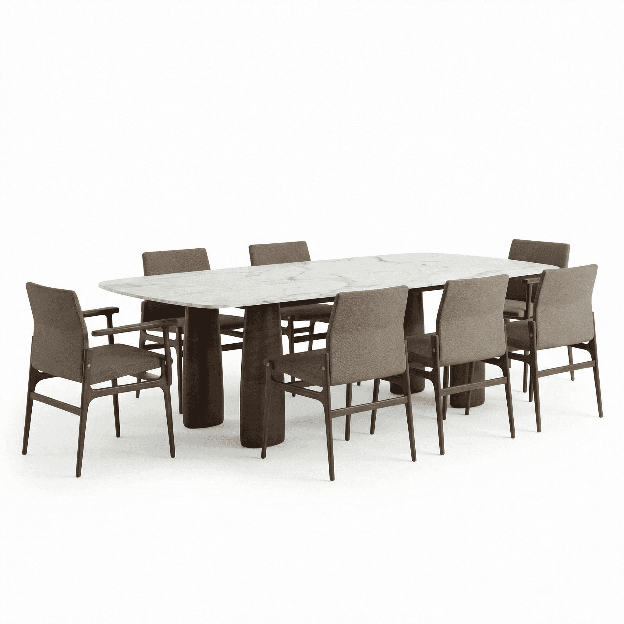 Long marble top dining set with clean lines, arranged with upholstered chairs for group seating