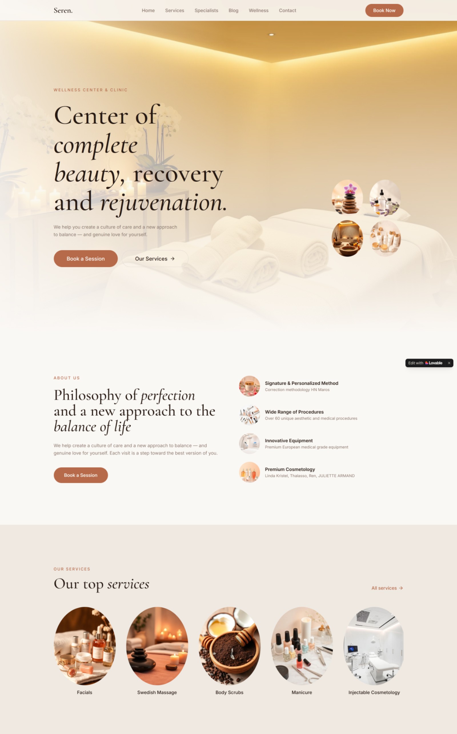 Spa Website Prompt preview — hero section with warm cream background, terracotta italic serif headline, floating oval spa photography and booking CTA button