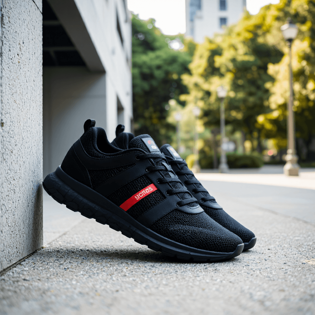 product photography of a pair of casual sports shoes, designed for comfort and everyday use