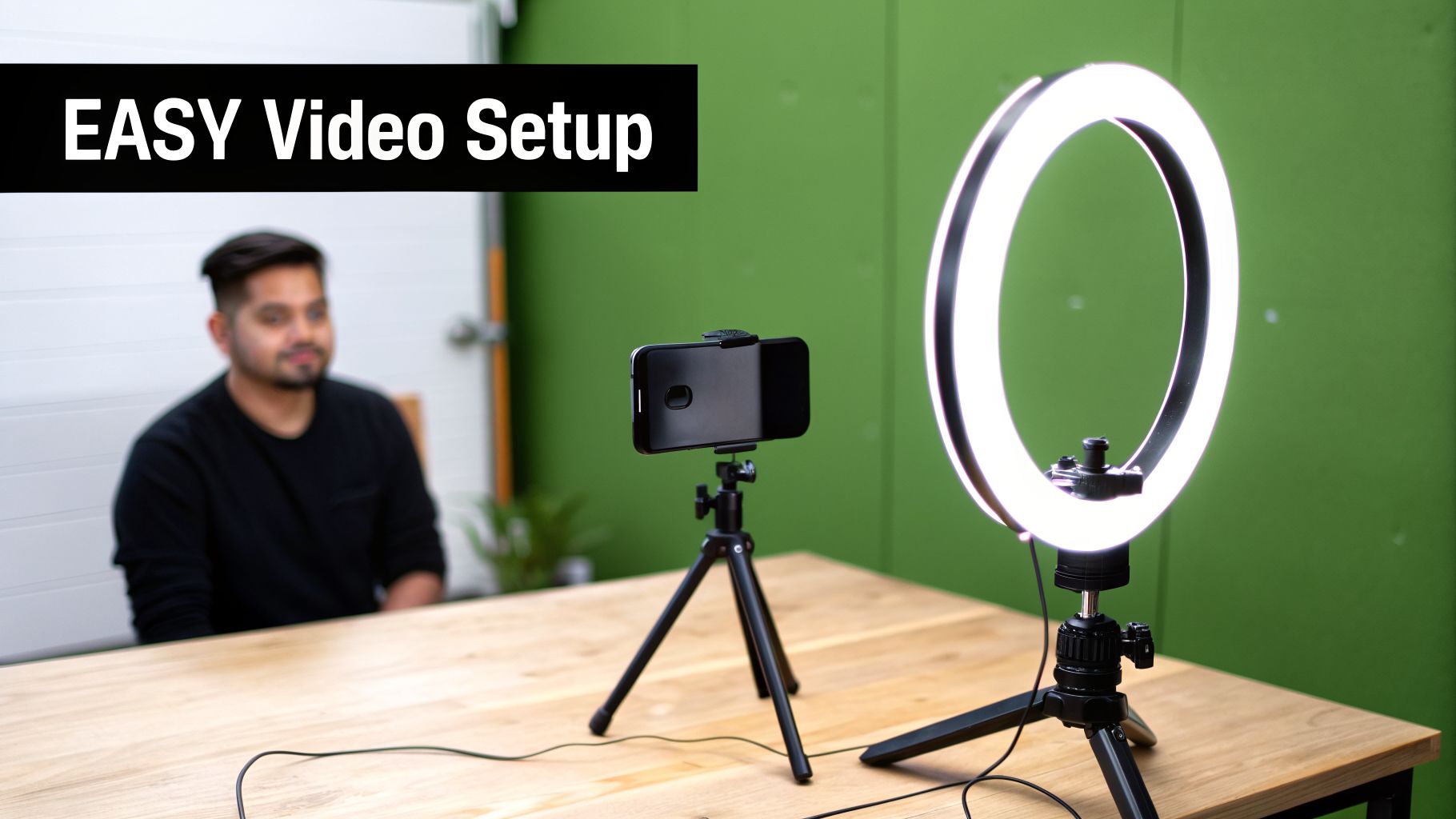 Man filming a video with a smartphone, ring light, and tripod on a wooden table.