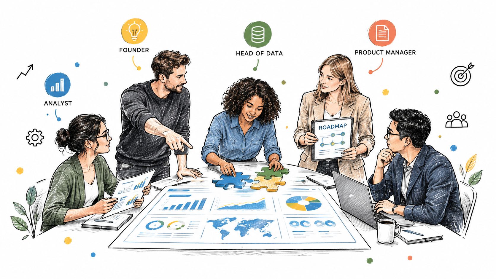 A diverse professional team collaborating around a table with charts, data visualizations, and puzzle pieces.