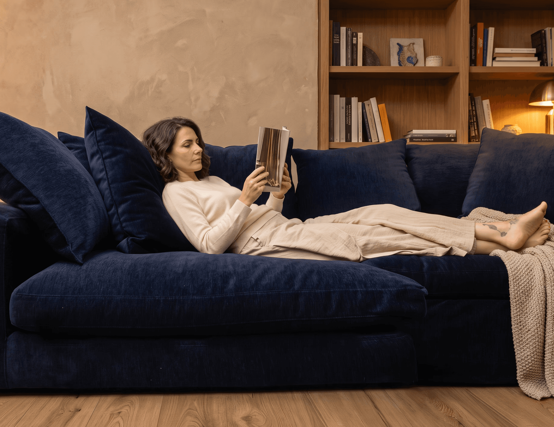 A person relaxes on a dark blue couch, reading a book in a cozy, softly lit room with bookshelves.