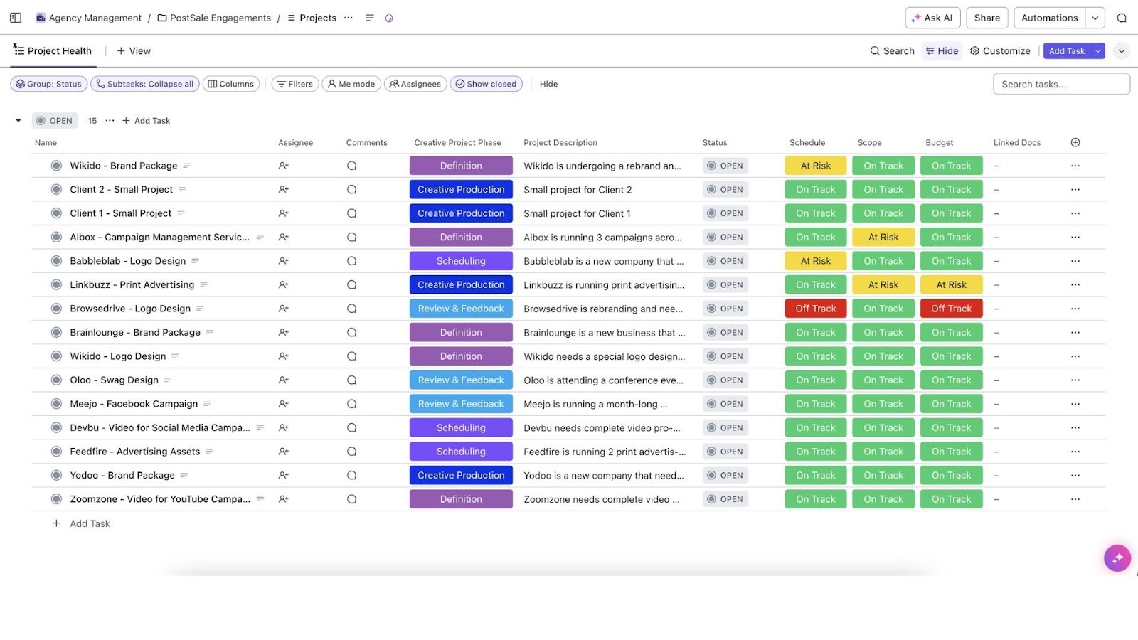 ClickUp's comprehensive task list for agency projects