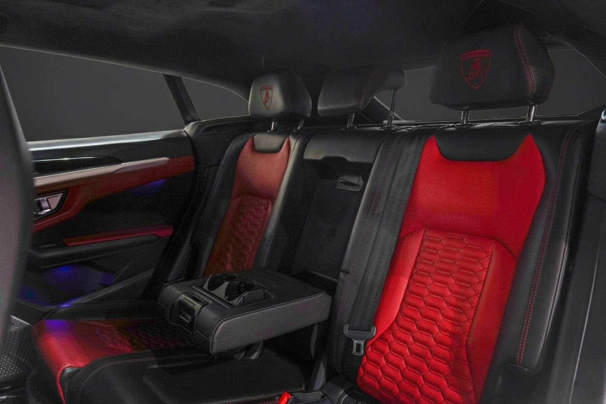 Luxury rear seats of Lamborghini Urus Mansory style SUV rental