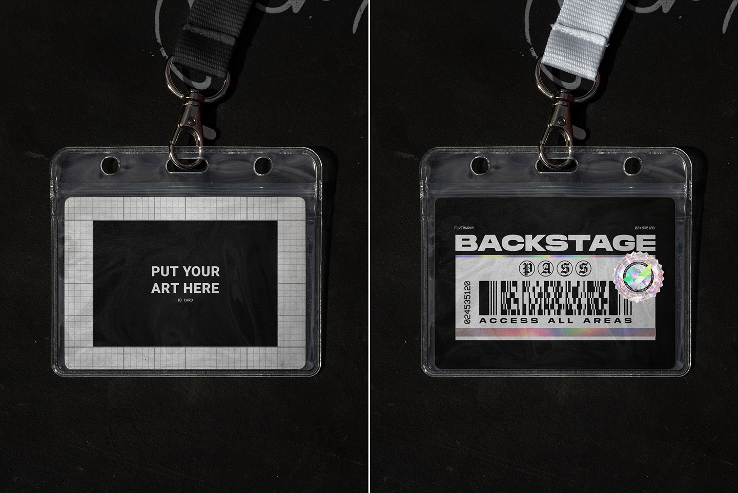 Backstage pass mockup showing VIP tour pass design with barcode and holographic sticker