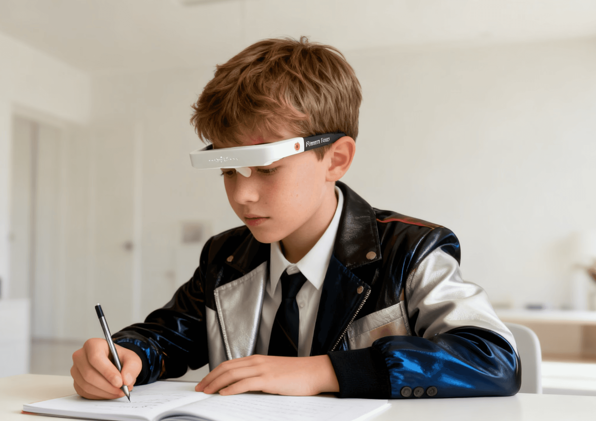 A model wearing Lumofield Glasses while studying.