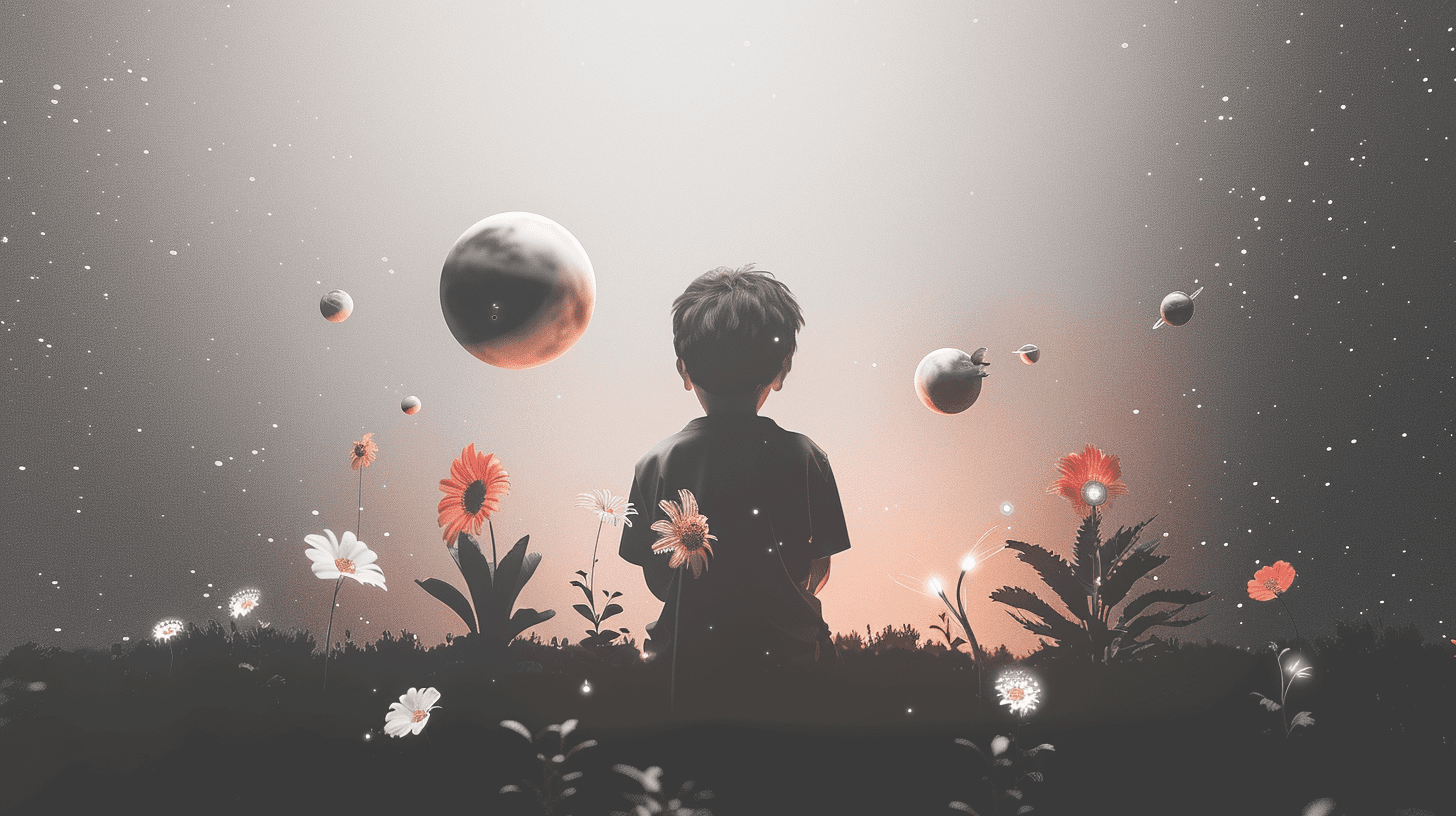 a young boy in a strange garden