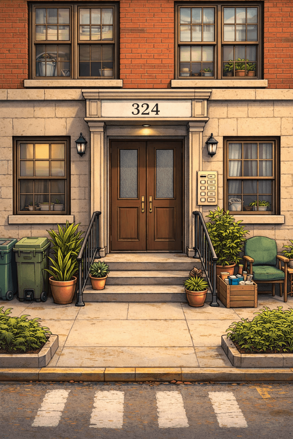 The front door of an apartment building with a buzzer