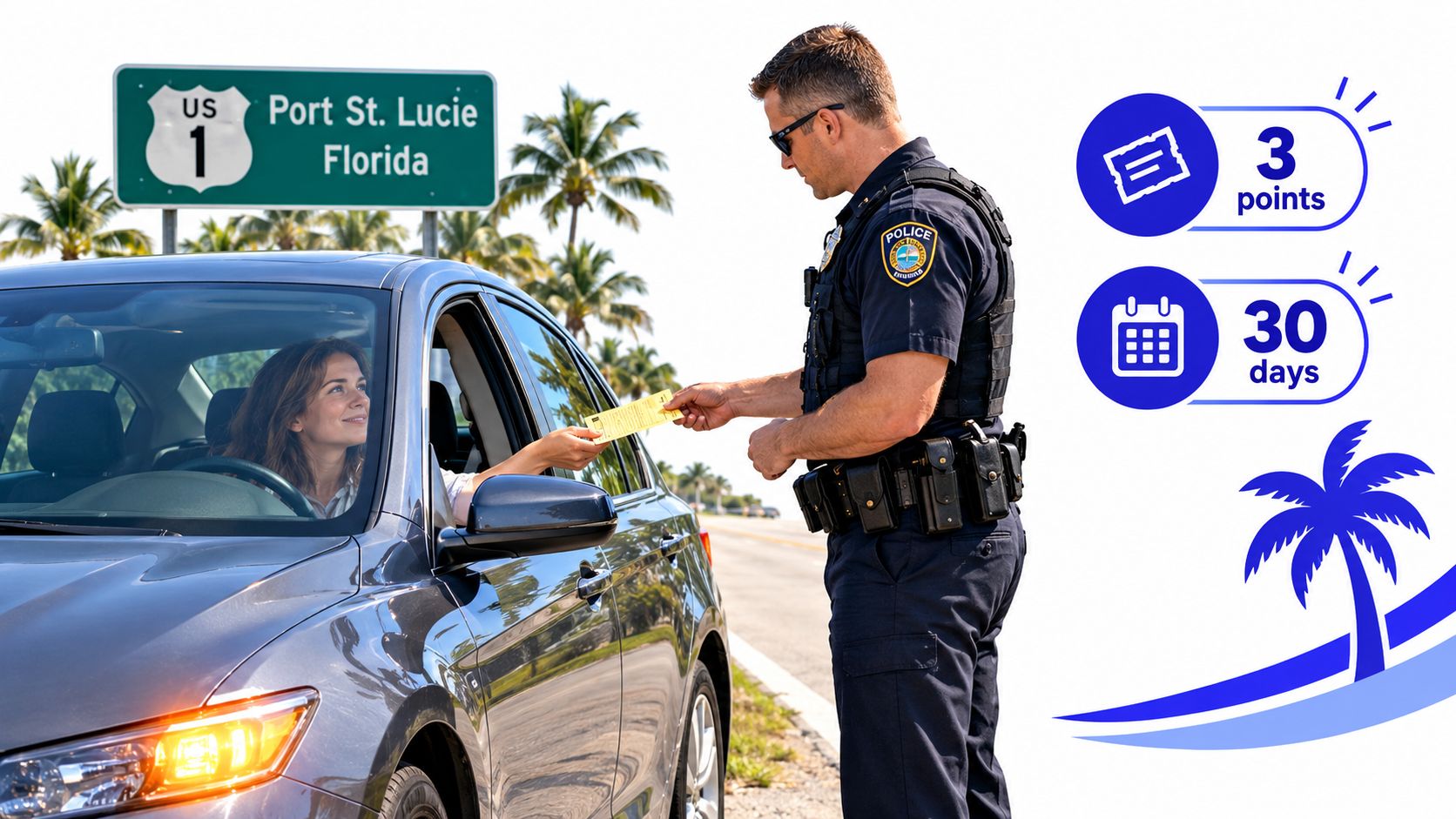A police officer hands a yellow traffic ticket to a woman driving a car in Florida.