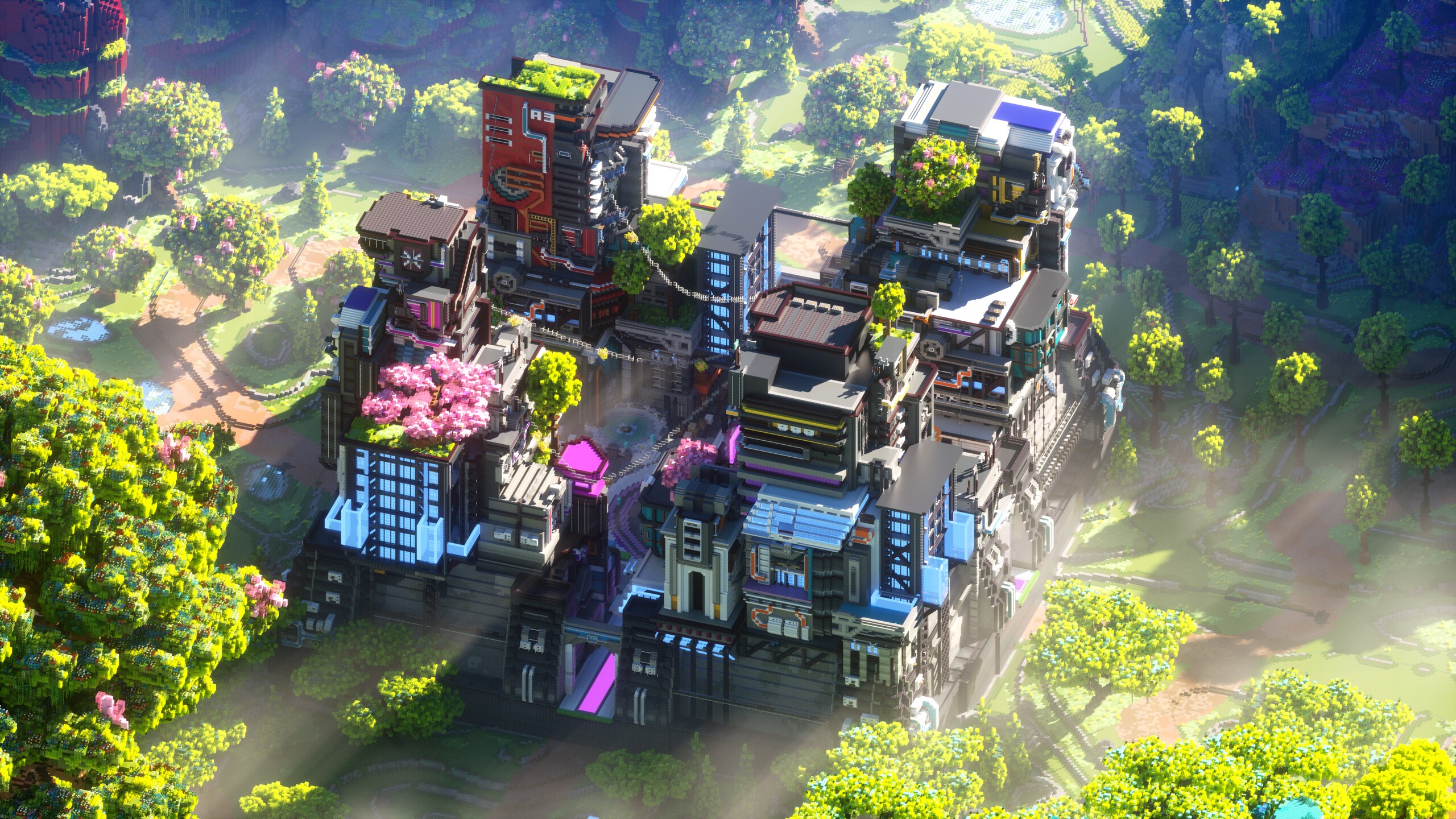 Created by Dexity, a Minecraft service build team that is an official Minecraft partner. a 600x600 cyberpunk 2077 themed spawn that functions as a lobby surrounded by lush terrain in a warzone that contains many regions and biomes