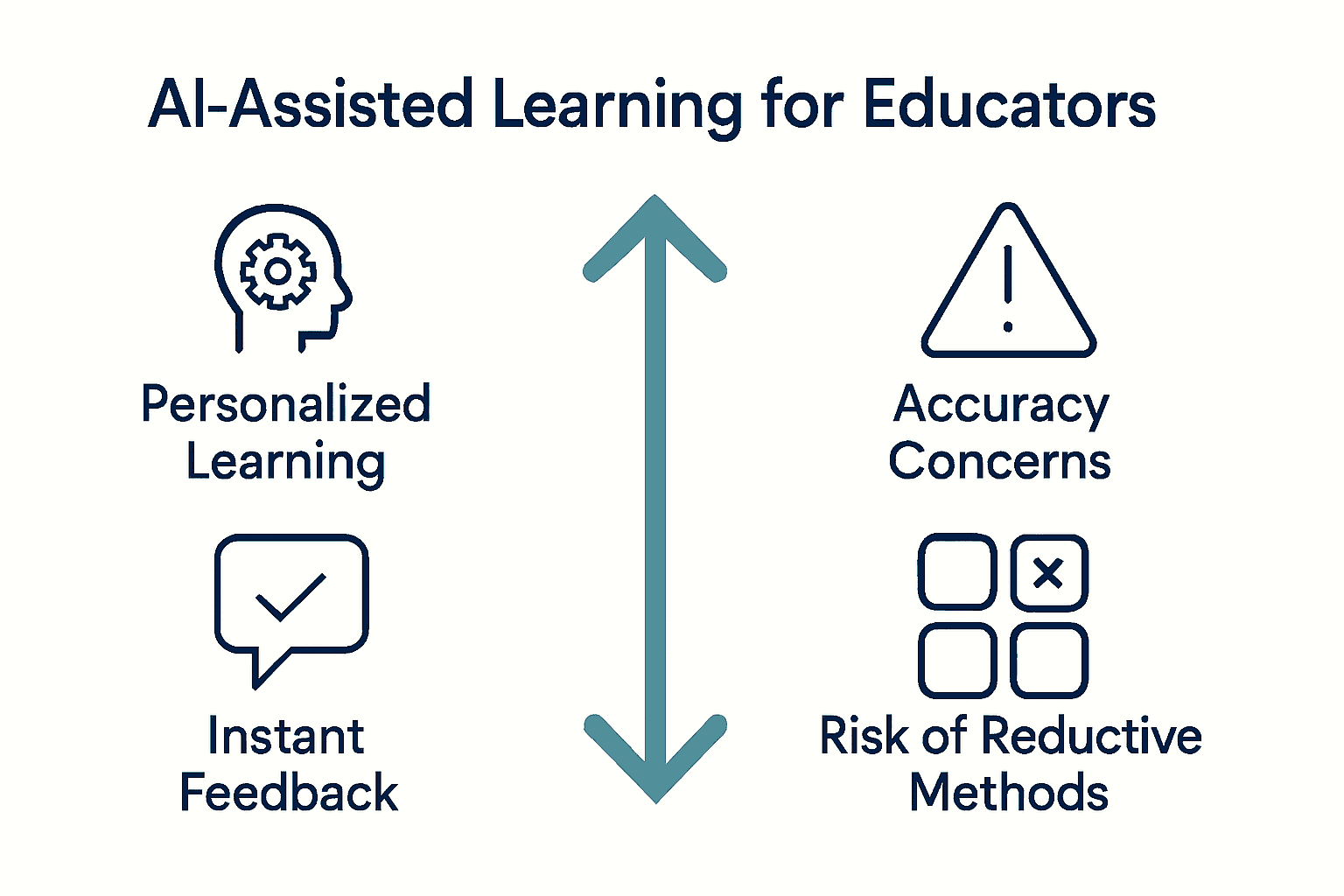 A graphic showing AI-assisted learning benefits—personalized learning and instant feedback—and risks, including accuracy concerns and reductive methods.