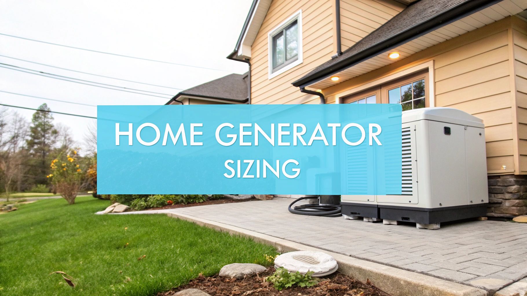 a blue banner in front of a home displaying the text 'home generator sizing'