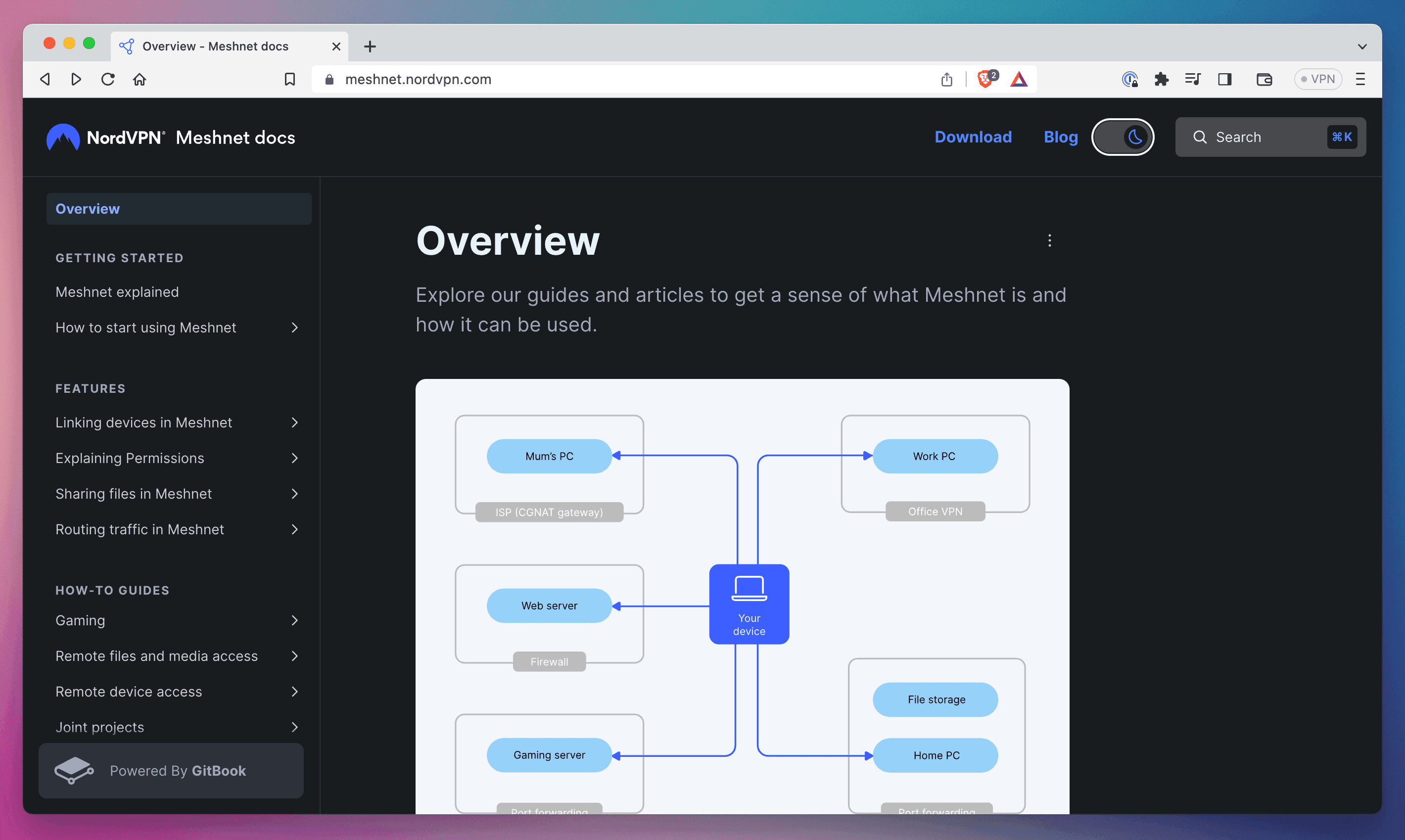 A screenshot of NordVPN’s Meshnet documentation in a browser window