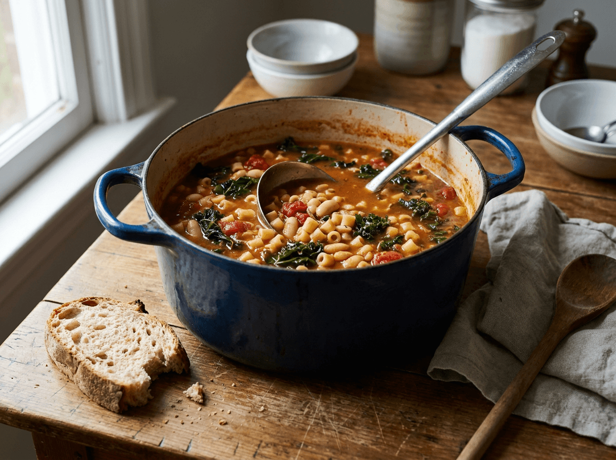 Dutch oven of one-pot pasta e fagioli dinner recipe with crusty bread