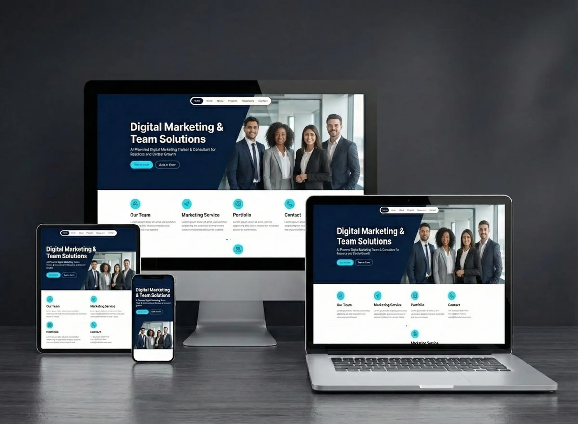 Modern business website design mockup displayed responsively across desktop, laptop, tablet, and mobile screens, created as a sample project by Mahendra R.