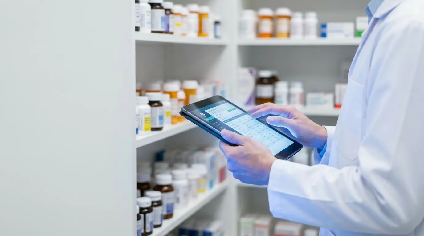 Pharmacist in a white coat consulting a tablet in front of shelves of medicines.
