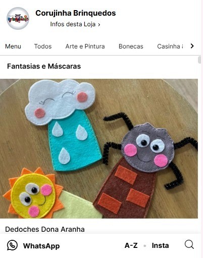Catálogo de produtos do Nex exibindo três fantoches de feltro em formato de nuvem com chuva, sol e aranha.