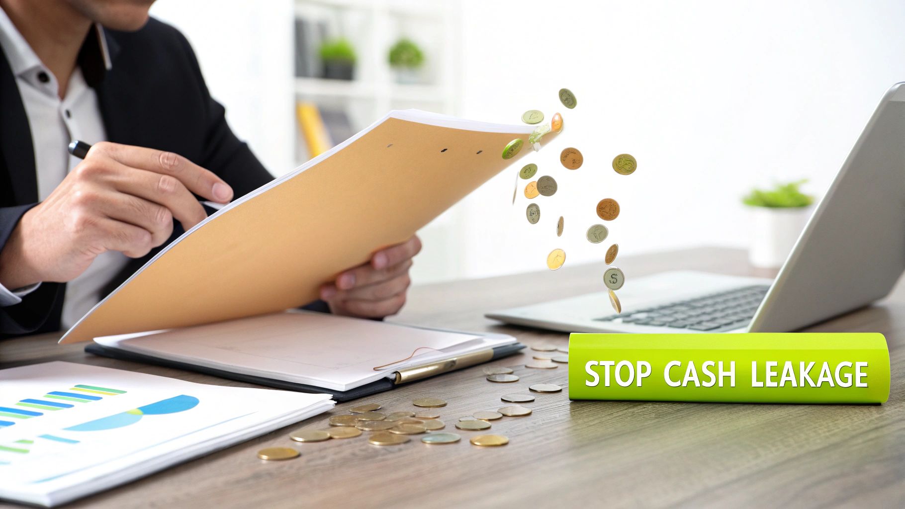 Businessman reviewing documents as coins leak from a folder, symbolizing financial loss and the need to stop cash leakage.