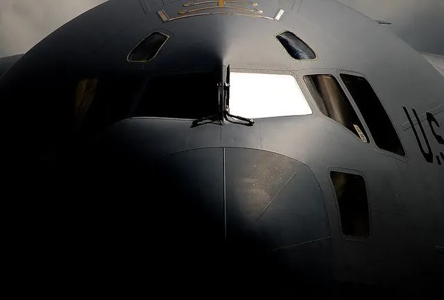 Nose of a military cargo aircraft close-up