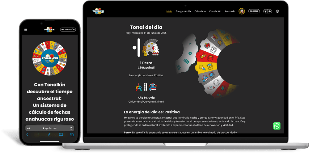 Maqueta de alta fidelidad (mockup) que muestra el diseño responsivo de la landing page de Tonalkin.org; se observa la adaptación de la interfaz del calendario mesoamericano desde una versión de escritorio hasta una versión móvil, manteniendo una estética moderna con iconografía Nahua.