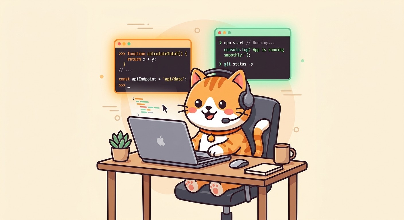 Illustration of an orange cartoon cat mascot wearing a headset at a laptop with two terminal windows glowing above it, one orange and one green, representing a hybrid AI coding workflow
