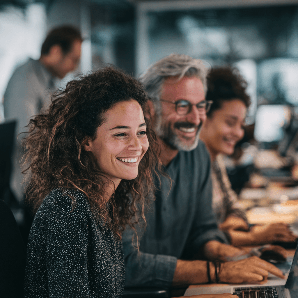 two people looking at a tablet and smiling