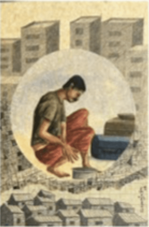 herd of sheep on road painting