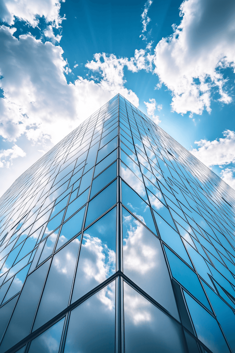 Glass skyscraper reflecting blue sky and clouds