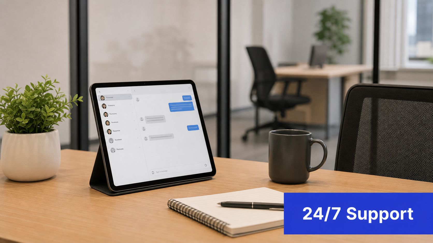 A modern office desk featuring a tablet with a messaging interface, a coffee mug, and a notebook.