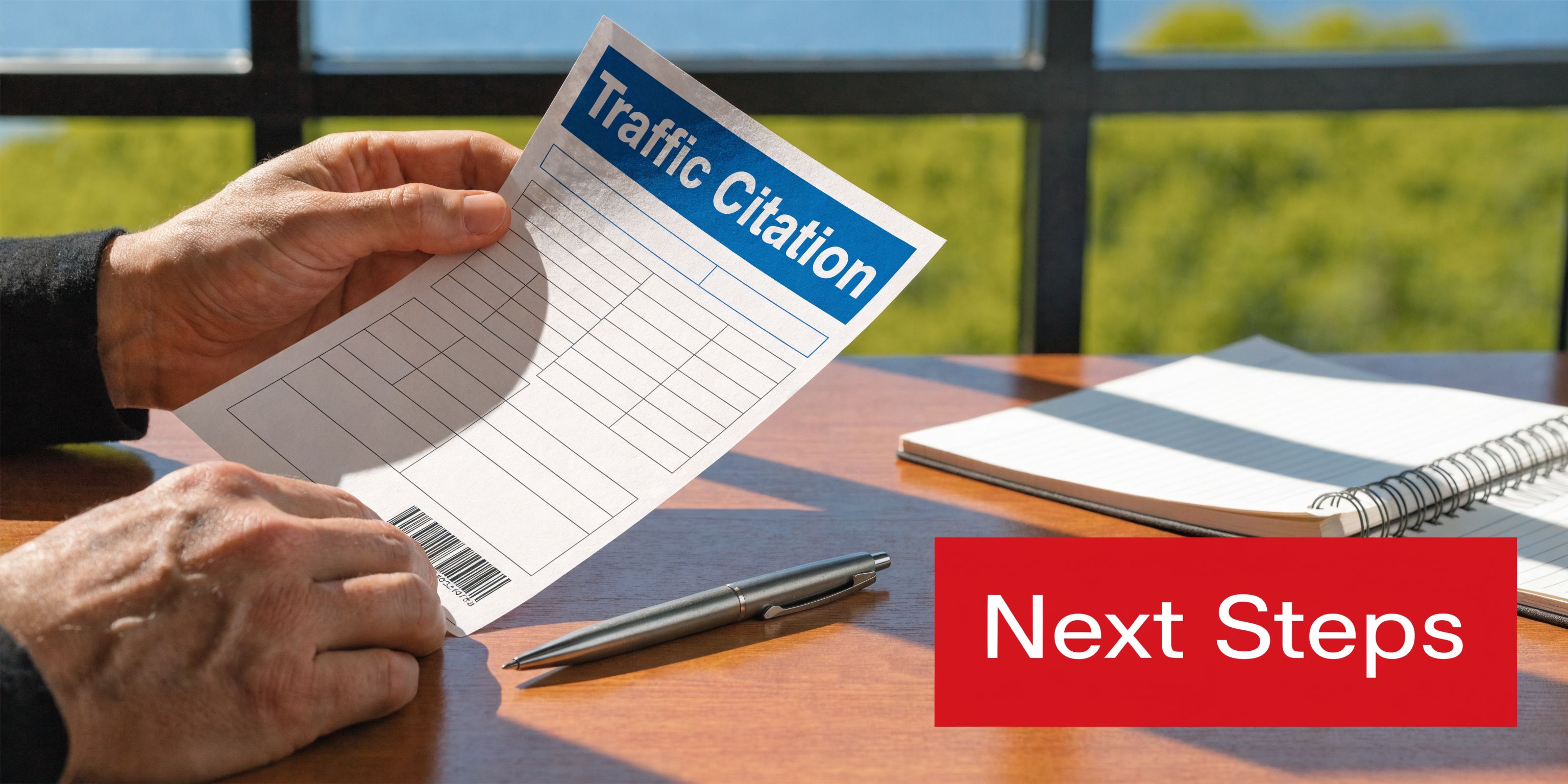 A person holding a blank traffic citation document at a desk with a notebook and a pen.