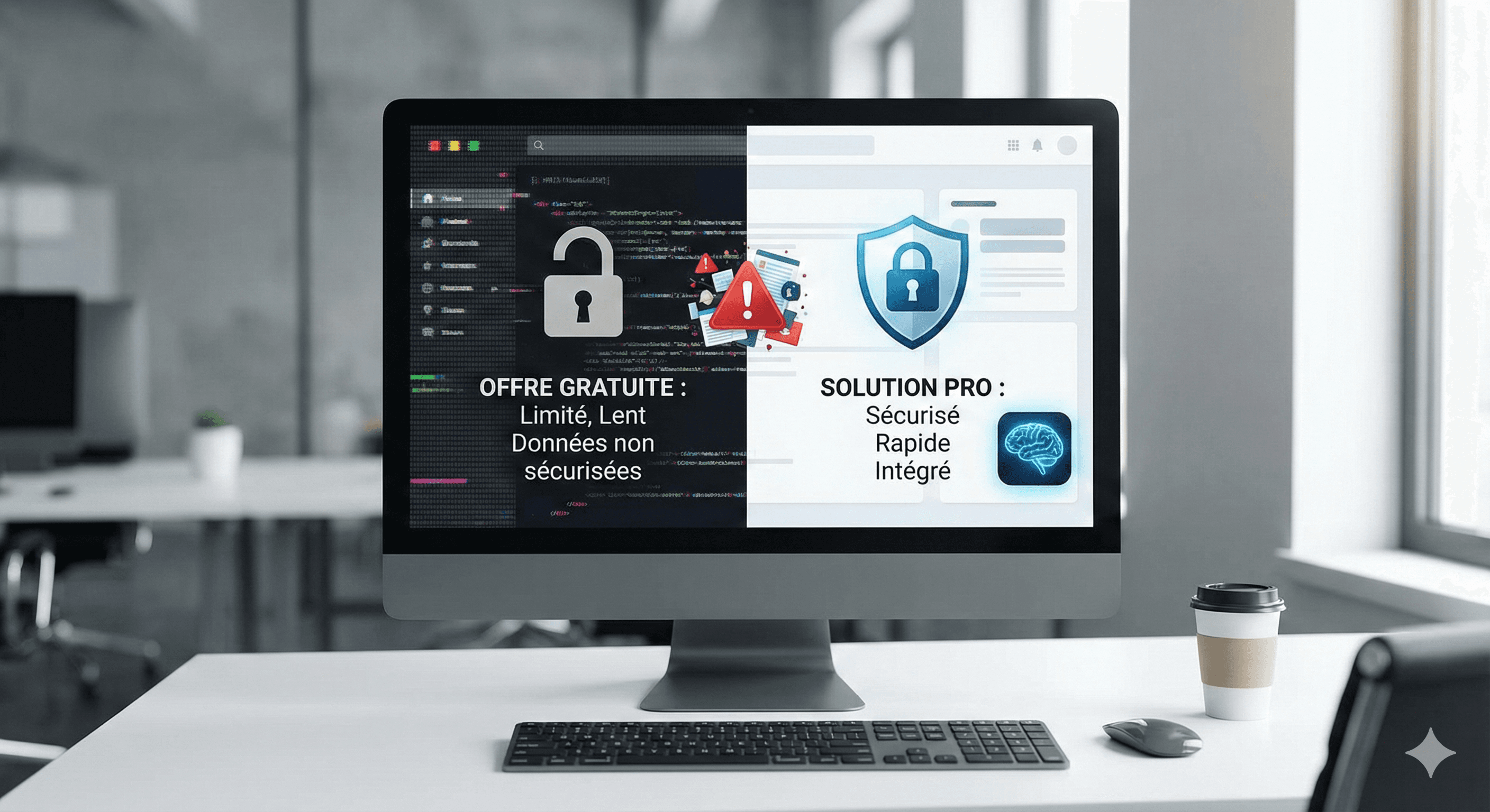 Comparaison visuelle entre les risques d'un agent IA gratuit et la sécurité d'une solution professionnelle.
